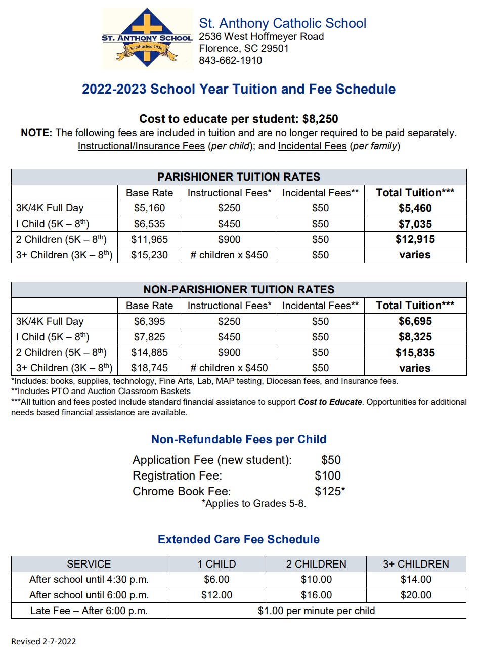 Tuition Schedule St. Anthony Catholic School